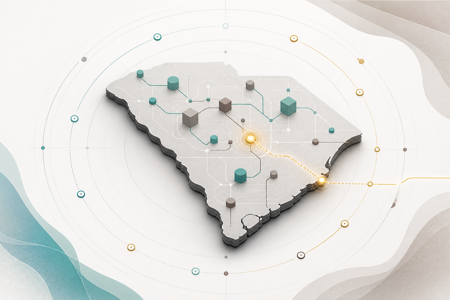 Abstract South Carolina business systems and risk checkpoints representing cybersecurity assessment cadence and prioritization