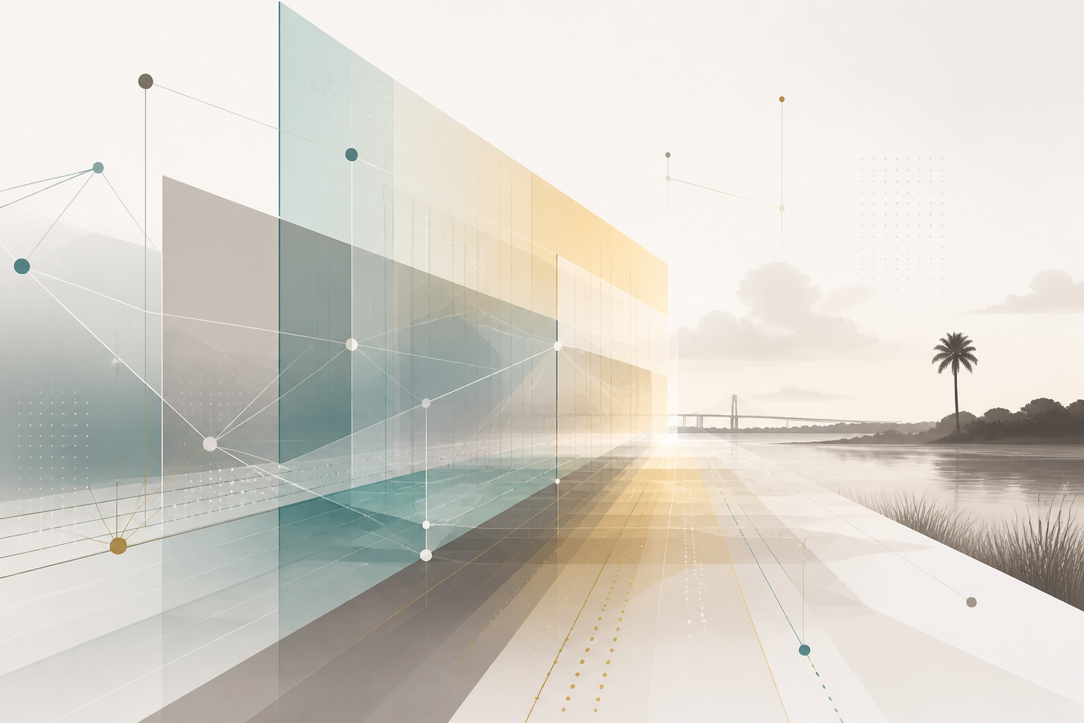 Abstract secure data corridor with connected network nodes and South Carolina coastal light